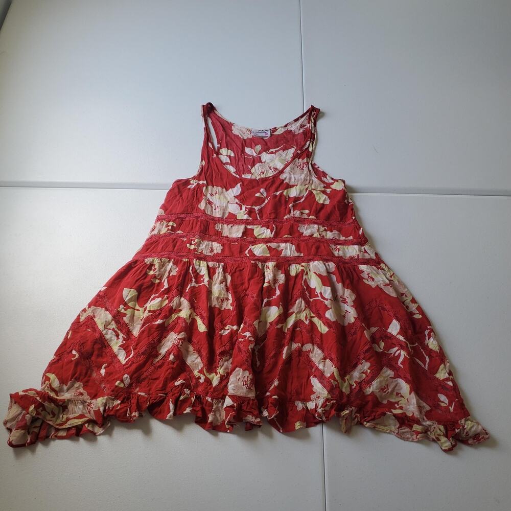 Free People Intimately Tank Top Womens XS Red Floral Swing Ruffle Bump Friendly